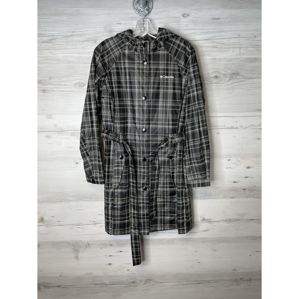 Columbia Rain Jacket Womens Small Black Plaid Hooded Belted Snap Front Long